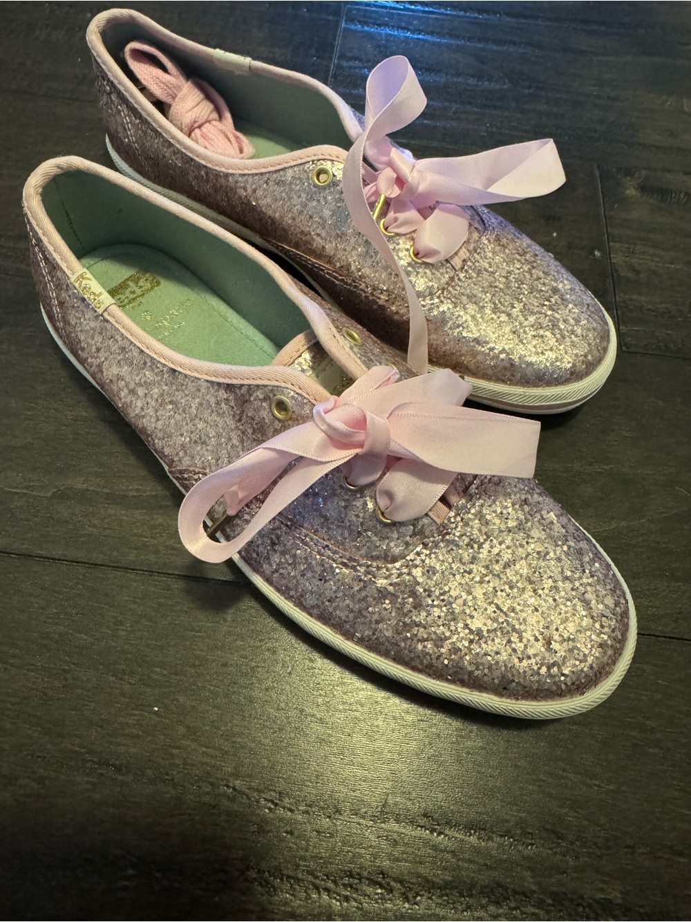 Kade Spade Women's Glitter Sneakers with Pink Ribbon Laces - Light Pink